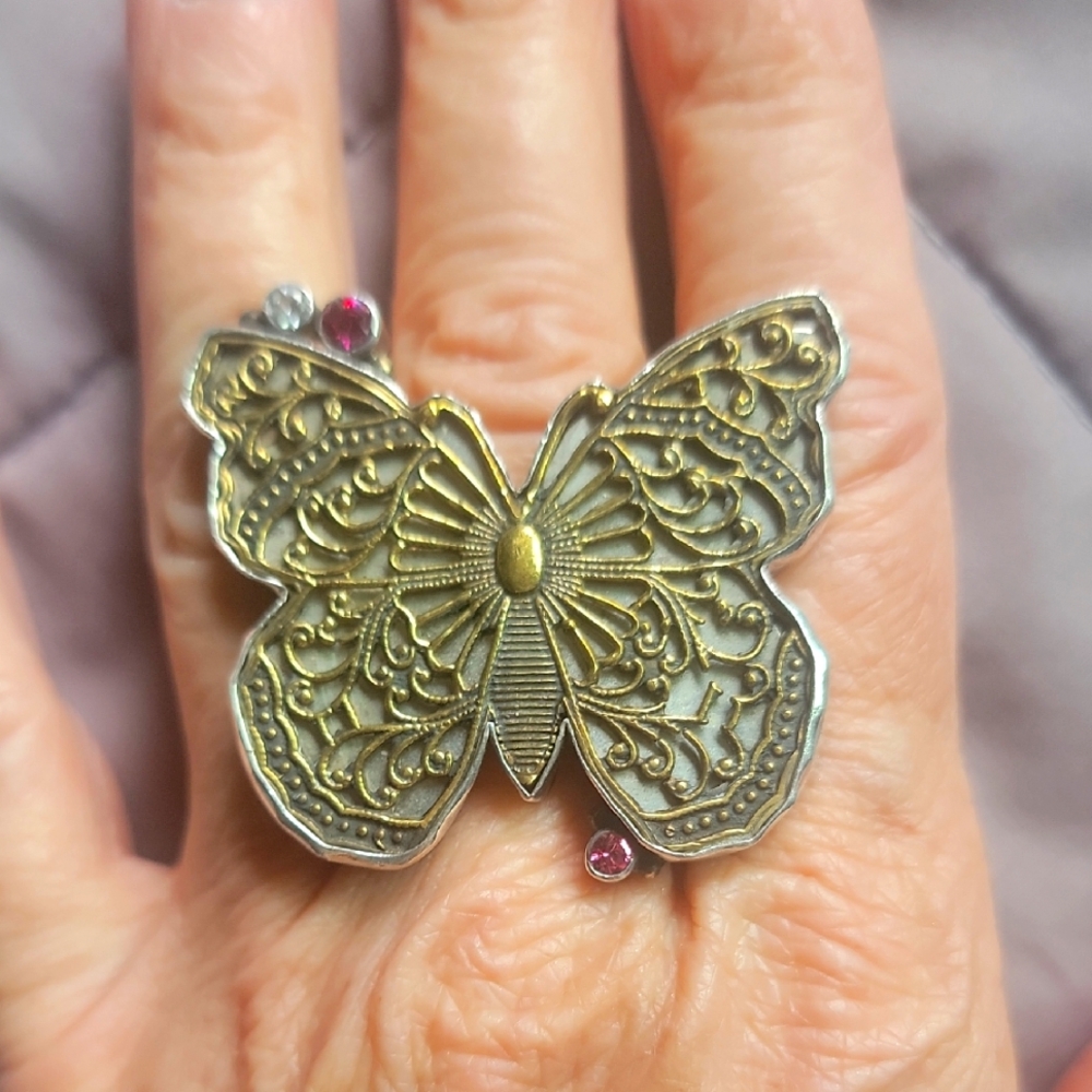 Mars and Valentine Brass Filigree and Sterling Silver Butterfly Ring